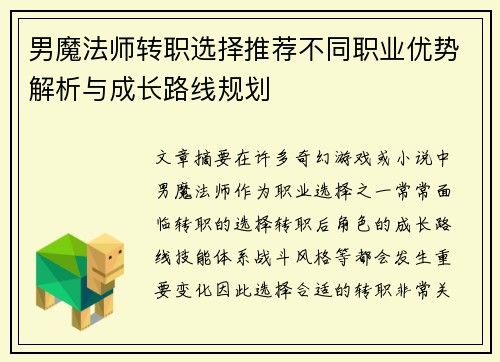 男魔法师转职选择推荐不同职业优势解析与成长路线规划