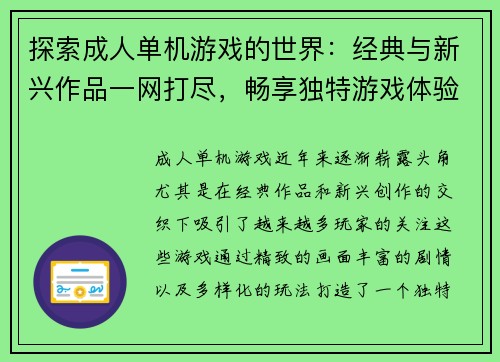 探索成人单机游戏的世界：经典与新兴作品一网打尽，畅享独特游戏体验
