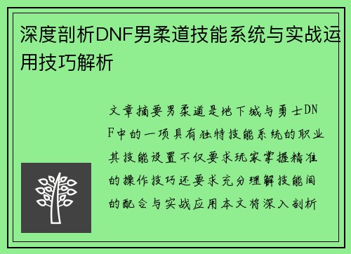 深度剖析DNF男柔道技能系统与实战运用技巧解析